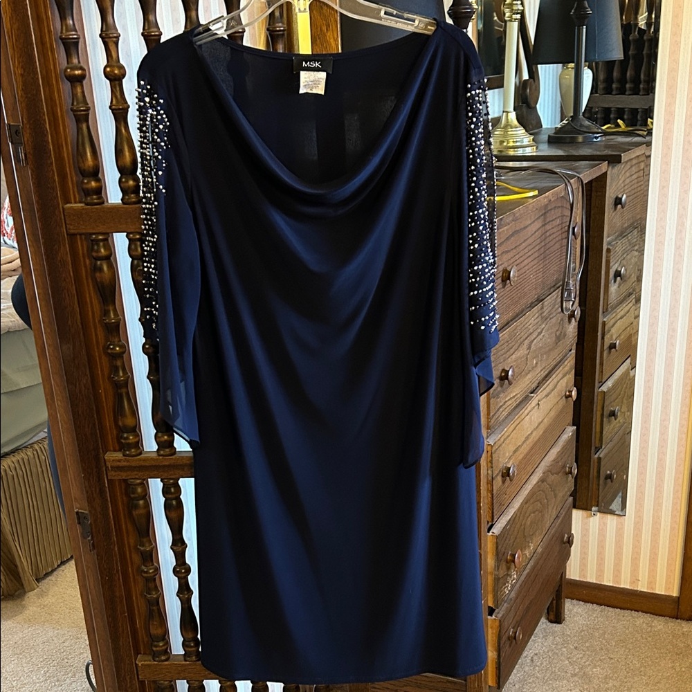 MSK Dark Blue Long Sleeve Dress with Beaded Detail